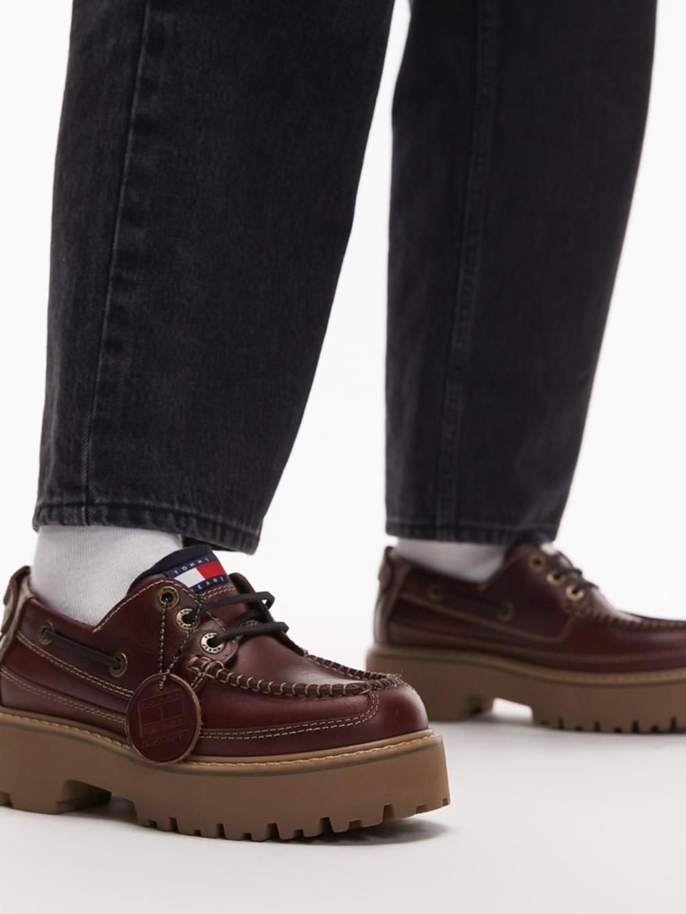 Tommy Hilfiger Dark Cherry Maple Leather Boat Shoes with Tan Lug Sole